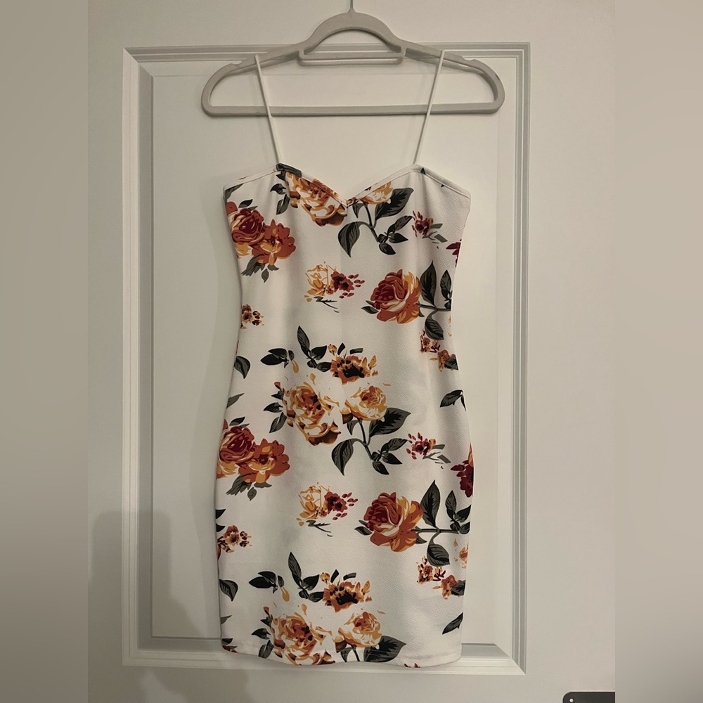 SHEIN White Mini Dress with Mustard & Rust Floral Print